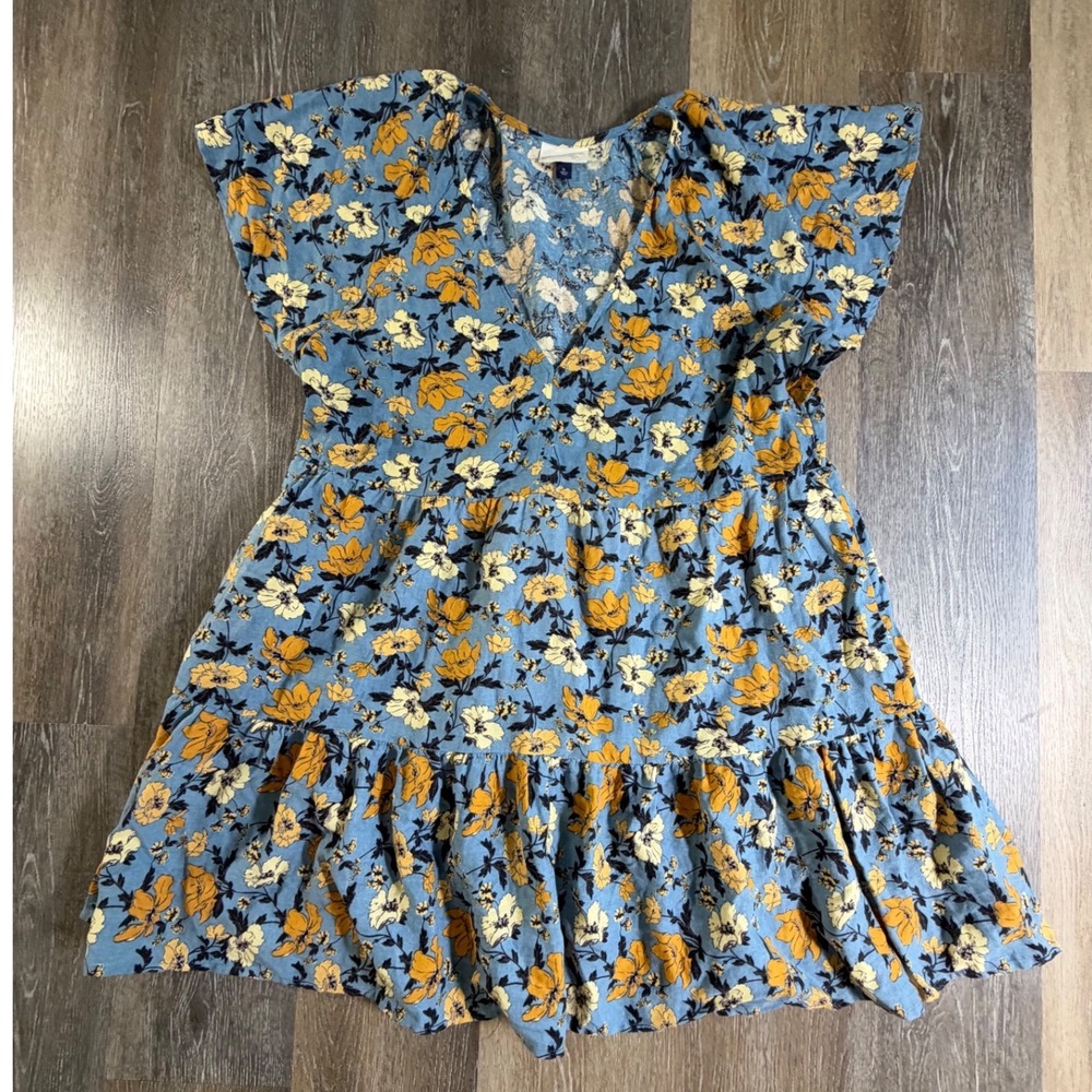 Universal Thread Mini Dress Women XL Blue Floral Tiered V-Neck Short Sleeve